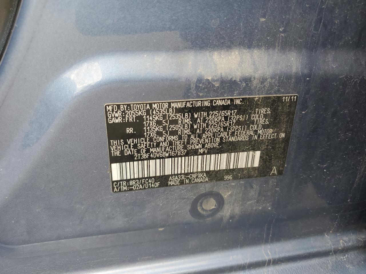 2011 Toyota Rav4 VIN: 2T3BF4DV6BW167837 Lot: 82227955