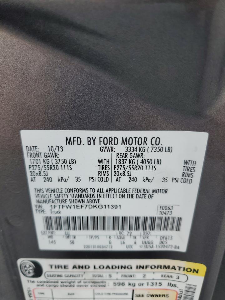 2013 Ford F150 Supercrew VIN: 1FTFW1EF7DKG11391 Lot: 89522265