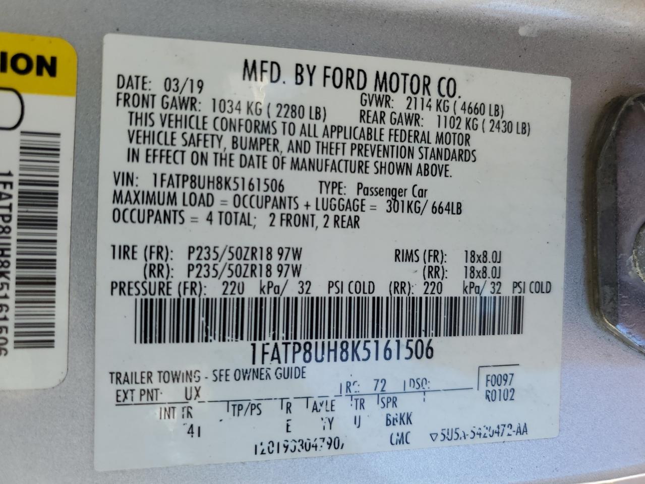 2019 Ford Mustang VIN: 1FATP8UH8K5161506 Lot: 89607205