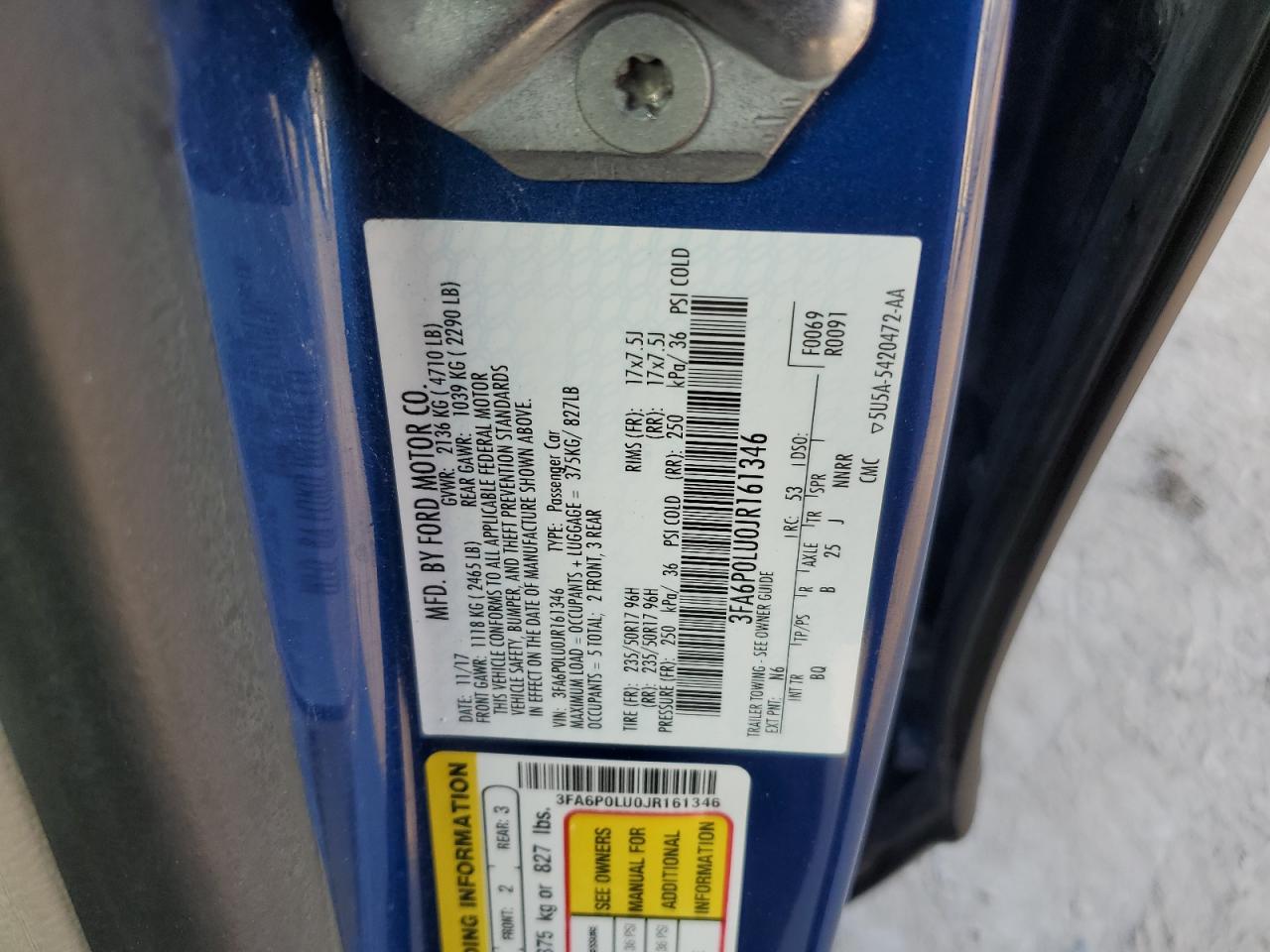 2018 Ford Fusion Se Hybrid VIN: 3FA6P0LU0JR161346 Lot: 87037185