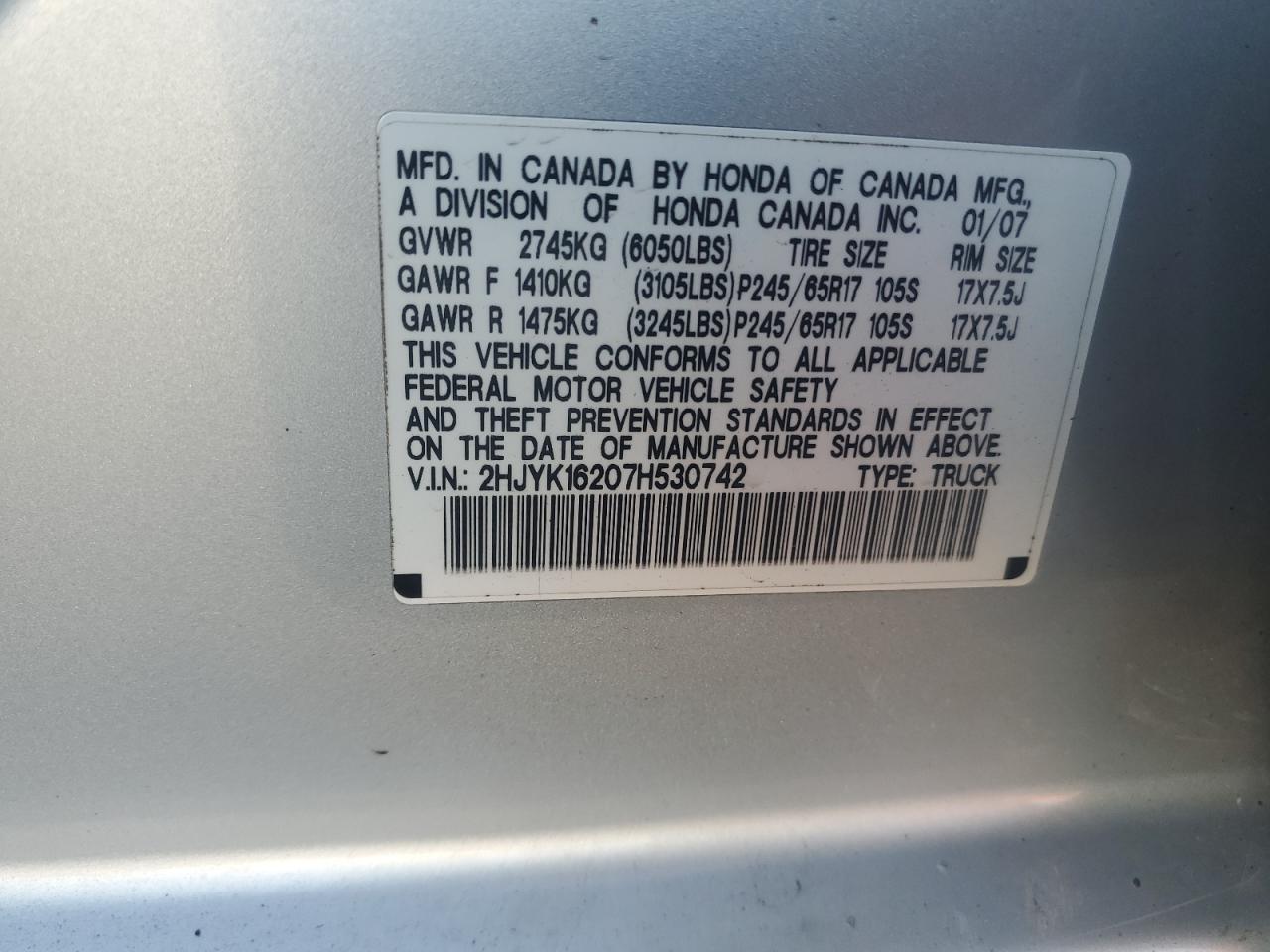 2007 Honda Ridgeline Rt VIN: 2HJYK16207H530742 Lot: 84634825