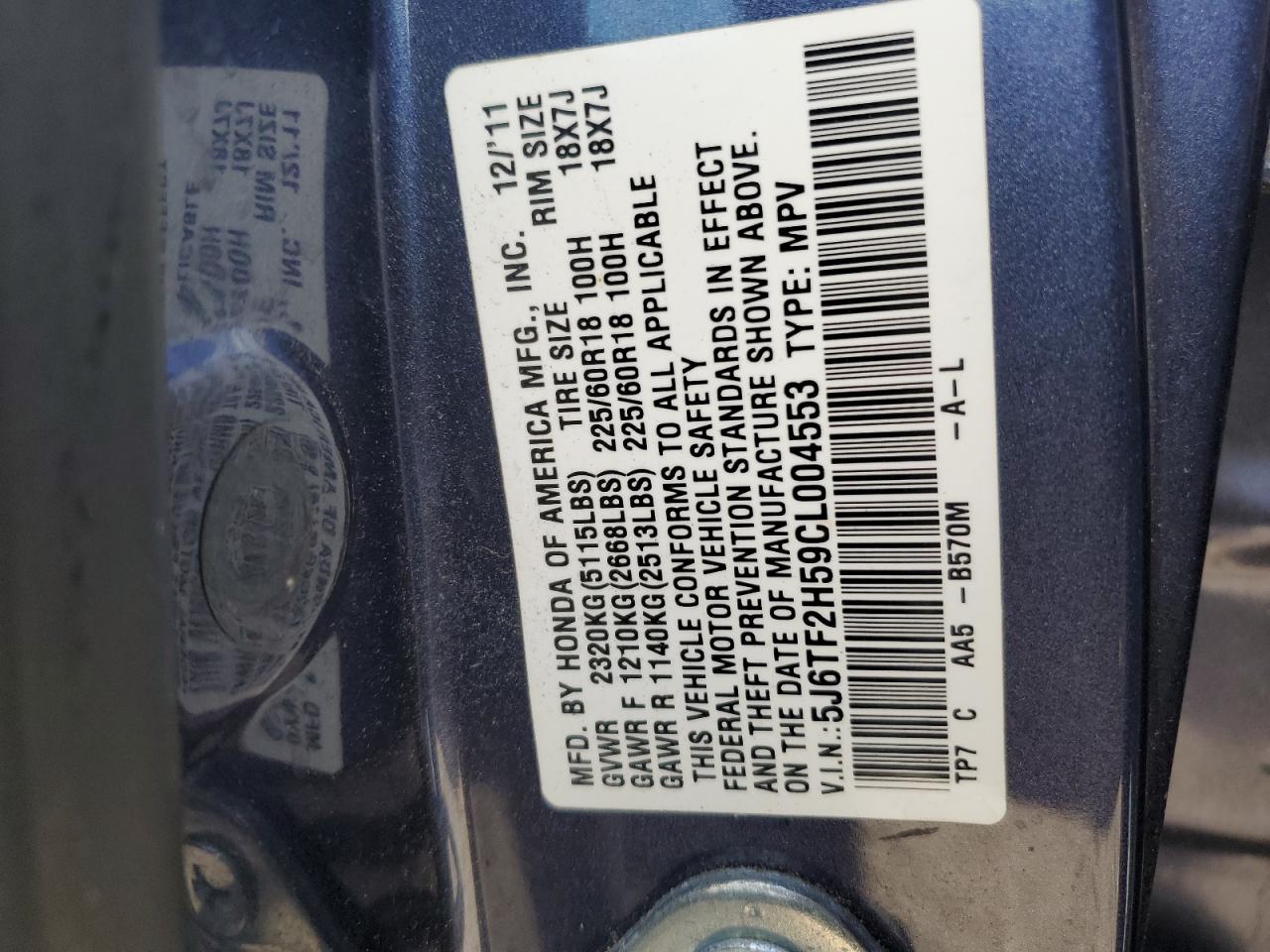 2012 Honda Crosstour Exl VIN: 5J6TF2H59CL004553 Lot: 90687005