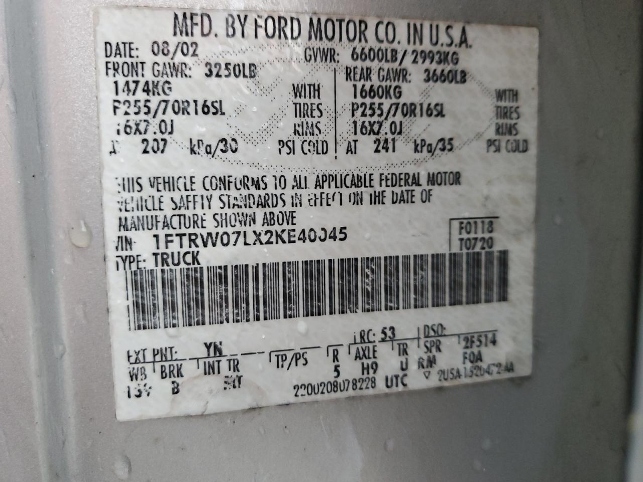 2002 Ford F150 Supercrew VIN: 1FTRW07LX2KE40045 Lot: 90448005