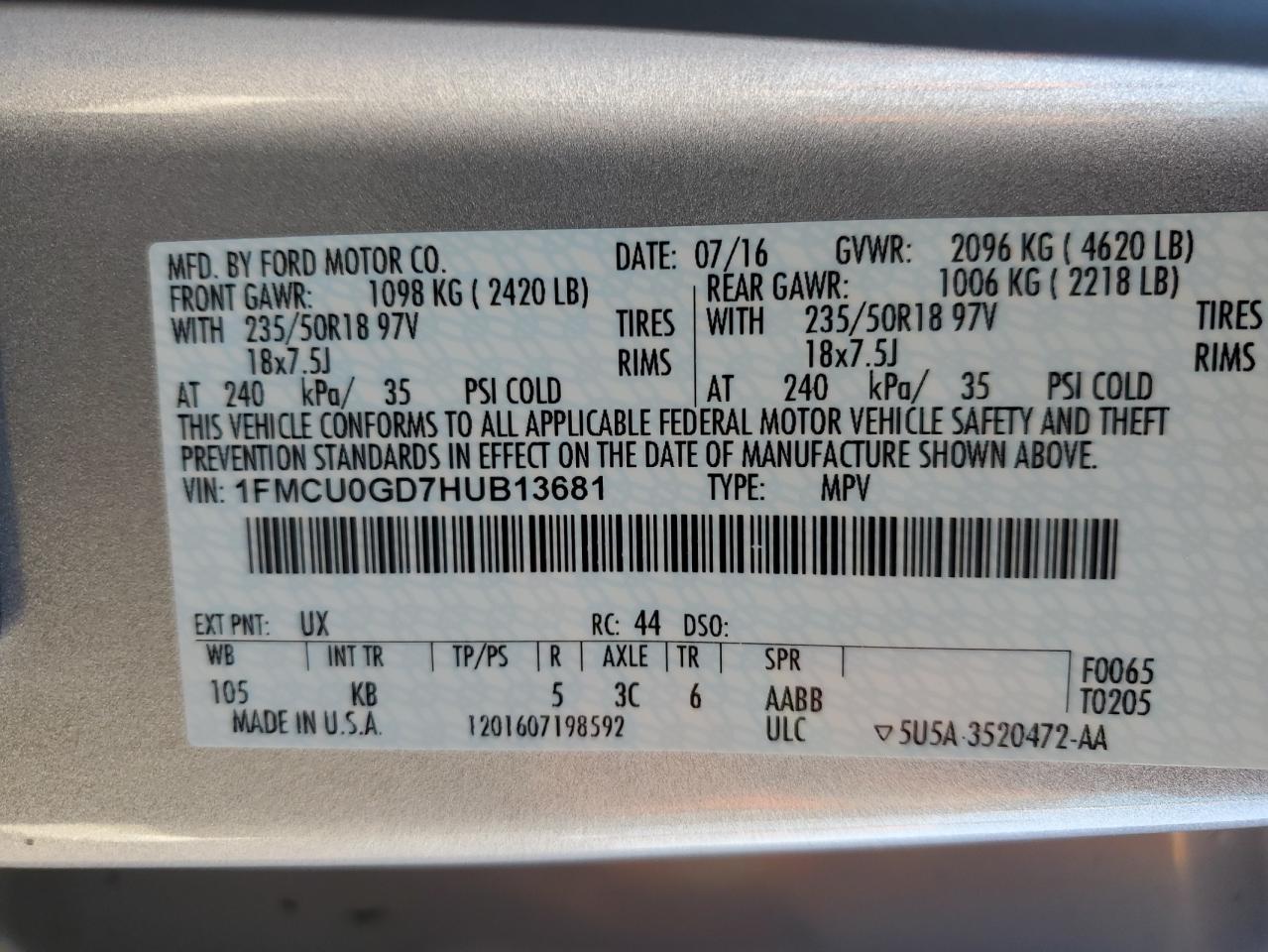 2017 Ford Escape Se VIN: 1FMCU0GD7HUB13681 Lot: 86643475