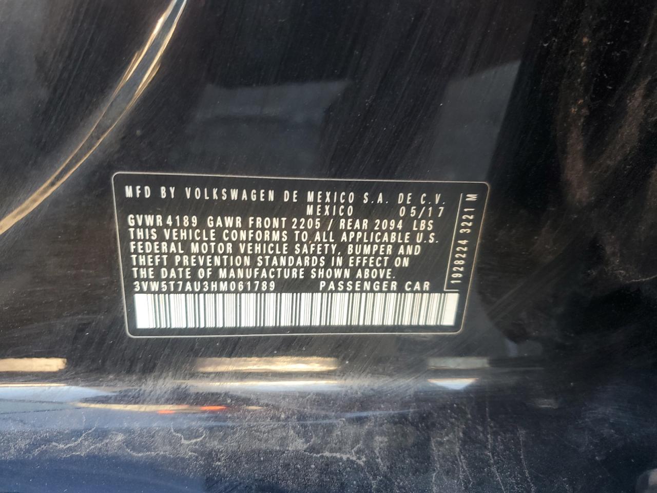 2017 Volkswagen Gti S VIN: 3VW5T7AU3HM061789 Lot: 85843915