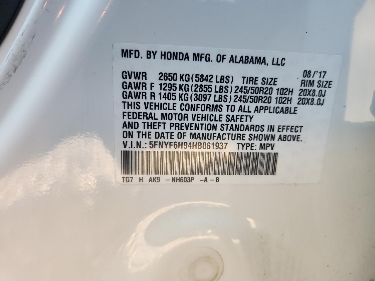 2017 Honda Pilot Touring VIN: 5FNYF6H94HB061937 Lot: 85199525
