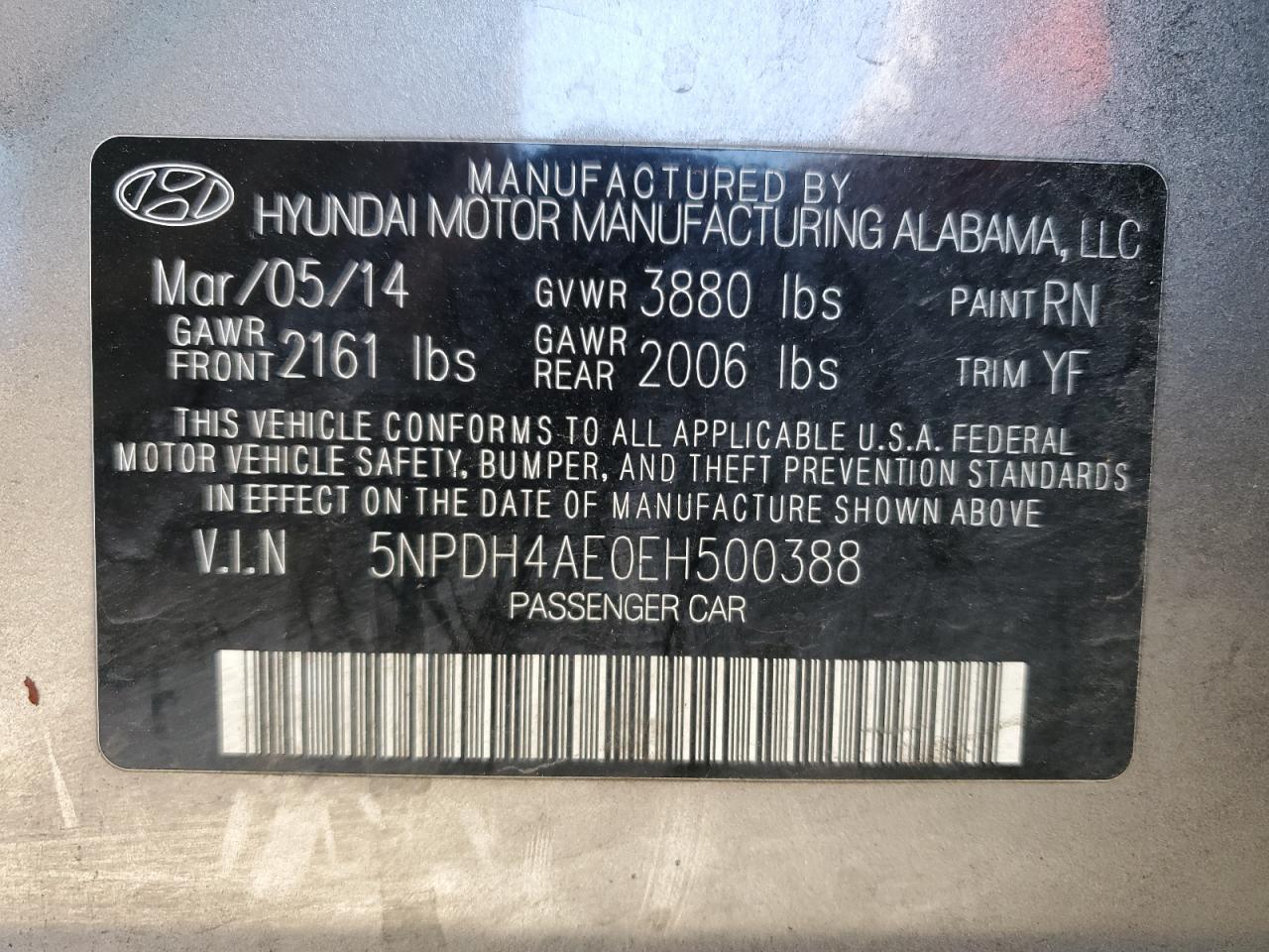 2014 Hyundai Elantra Se VIN: 5NPDH4AE0EH500388 Lot: 85309965