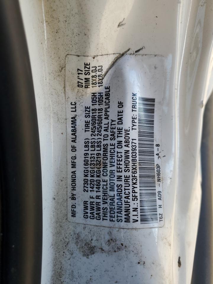 2017 Honda Ridgeline Rtl VIN: 5FPYK3F6XHB039371 Lot: 90864675