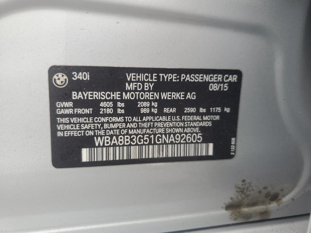 2016 BMW 340 I VIN: WBA8B3G51GNA92605 Lot: 80698285