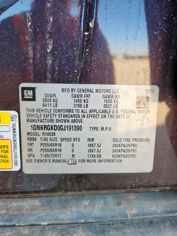 2016 Chevrolet Traverse Lt VIN: 1GNKRGKD0GJ191390 Lot: 81984245