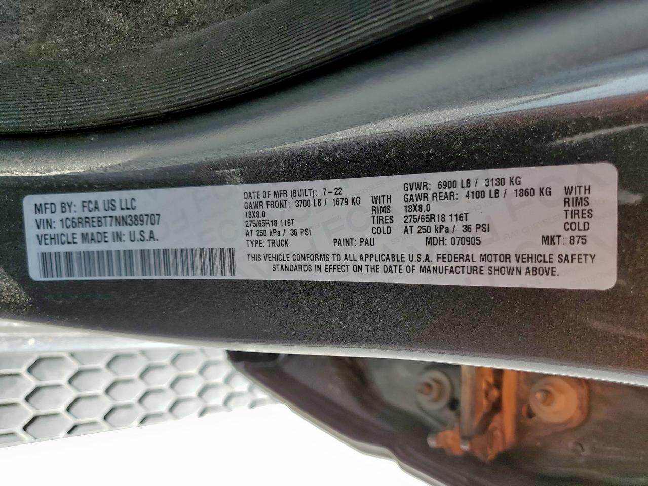 2022 Ram 1500 Big Horn/Lone Star VIN: 1C6RREBT7NN389707 Lot: 85277125