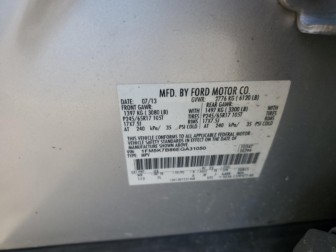 2014 Ford Explorer VIN: 1FM5K7B86EGA31050 Lot: 86120795