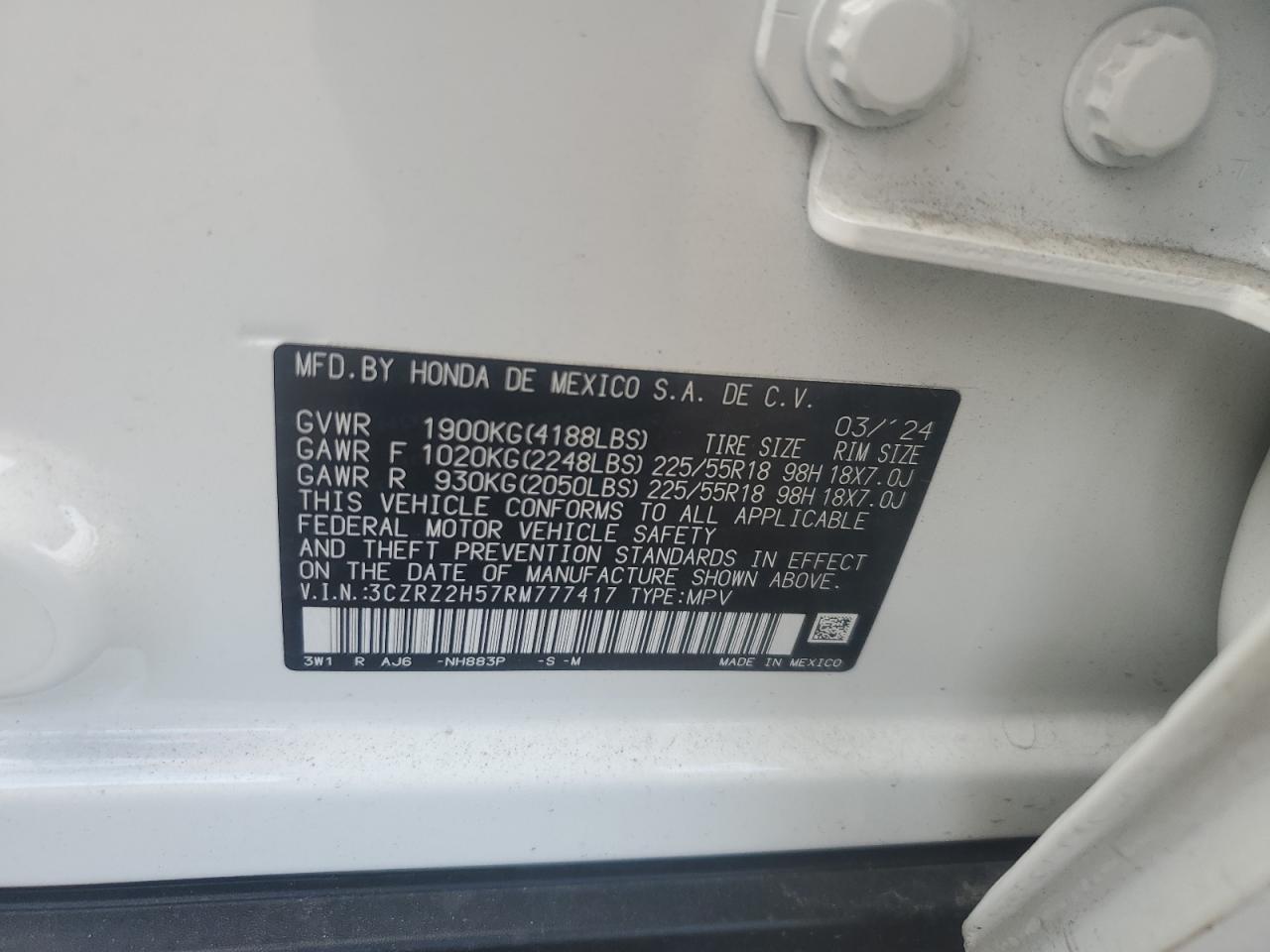 2024 Honda Hr-V Sport VIN: 3CZRZ2H57RM777417 Lot: 82402505