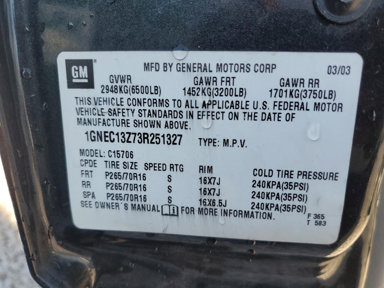 2003 Chevrolet Tahoe C1500 VIN: 1GNEC13Z73R251327 Lot: 85694465