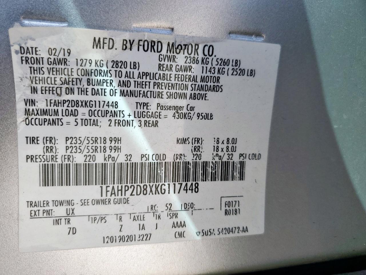 2019 Ford Taurus Se VIN: 1FAHP2D8XKG117448 Lot: 85357795