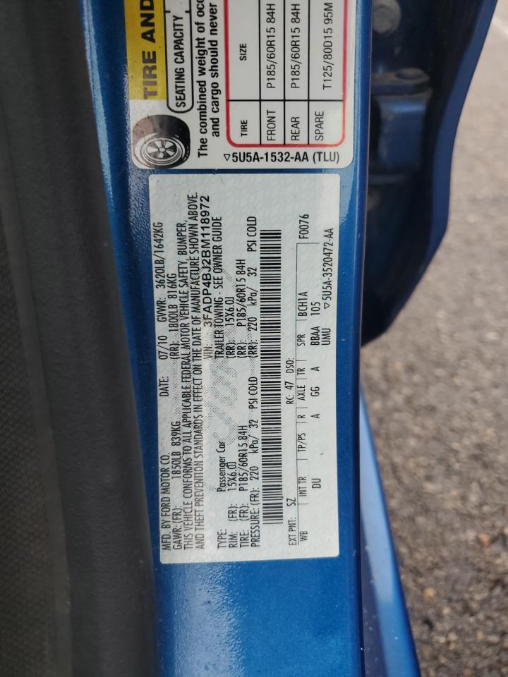 2011 Ford Fiesta Se VIN: 3FADP4BJ2BM118972 Lot: 85824375