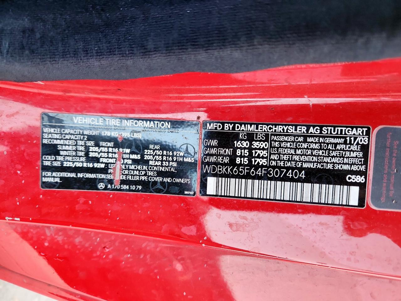 2004 Mercedes-Benz Slk 320 VIN: WDBKK65F64F307404 Lot: 84809255