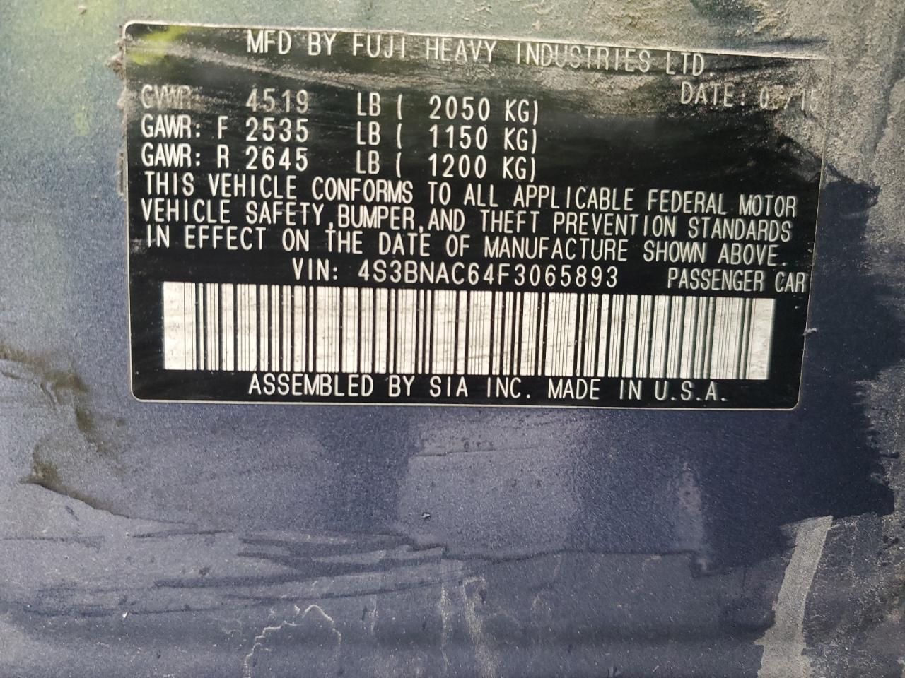 2015 Subaru Legacy 2.5I Premium VIN: 4S3BNAC64F3065893 Lot: 90590505