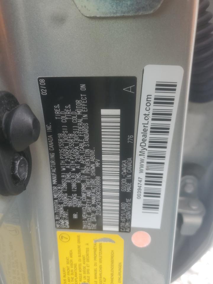 2009 Lexus Rx 350 VIN: 2T2GK31U69C059998 Lot: 85894935