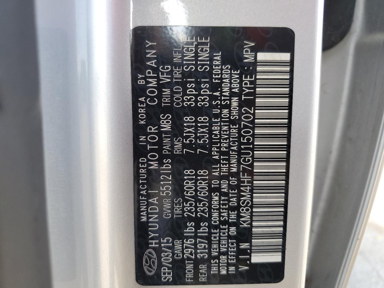 2016 Hyundai Santa Fe Se VIN: KM8SM4HF7GU150702 Lot: 86486565