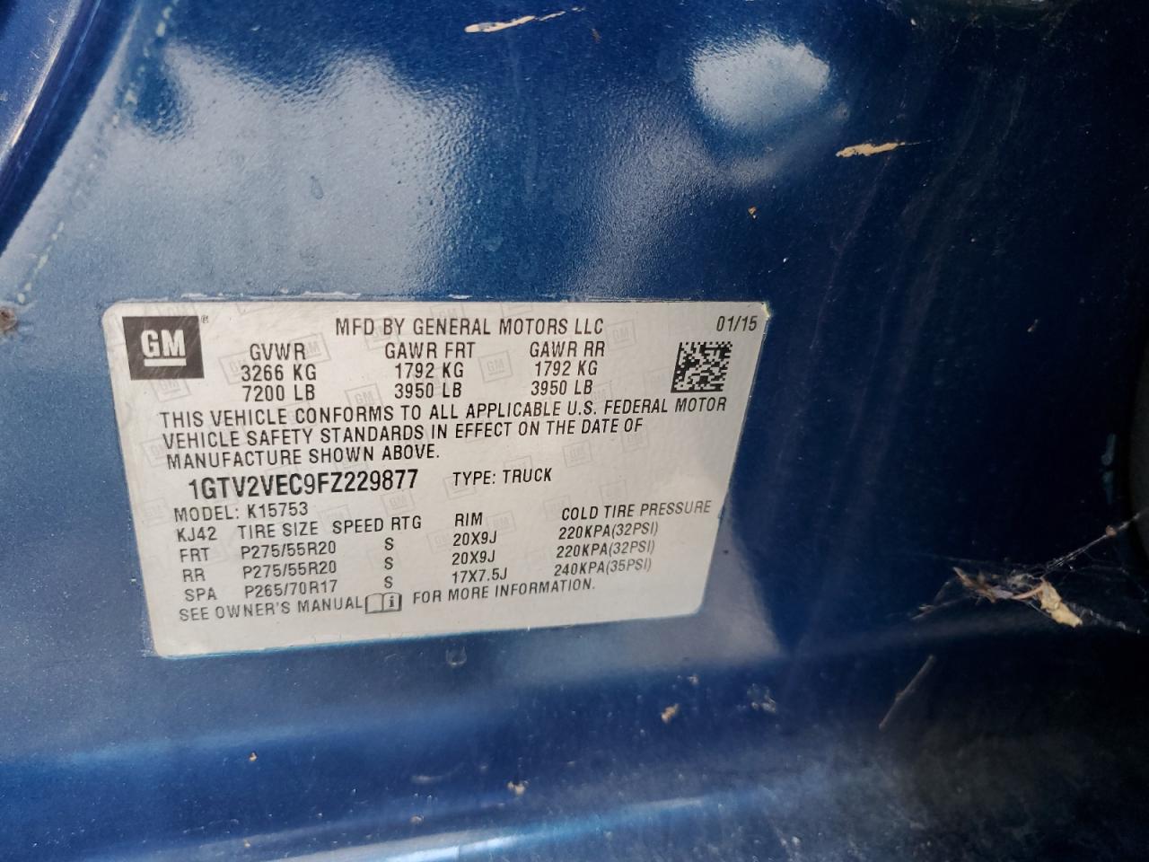 2015 GMC Sierra K1500 Slt VIN: 1GTV2VEC9FZ229877 Lot: 82624465