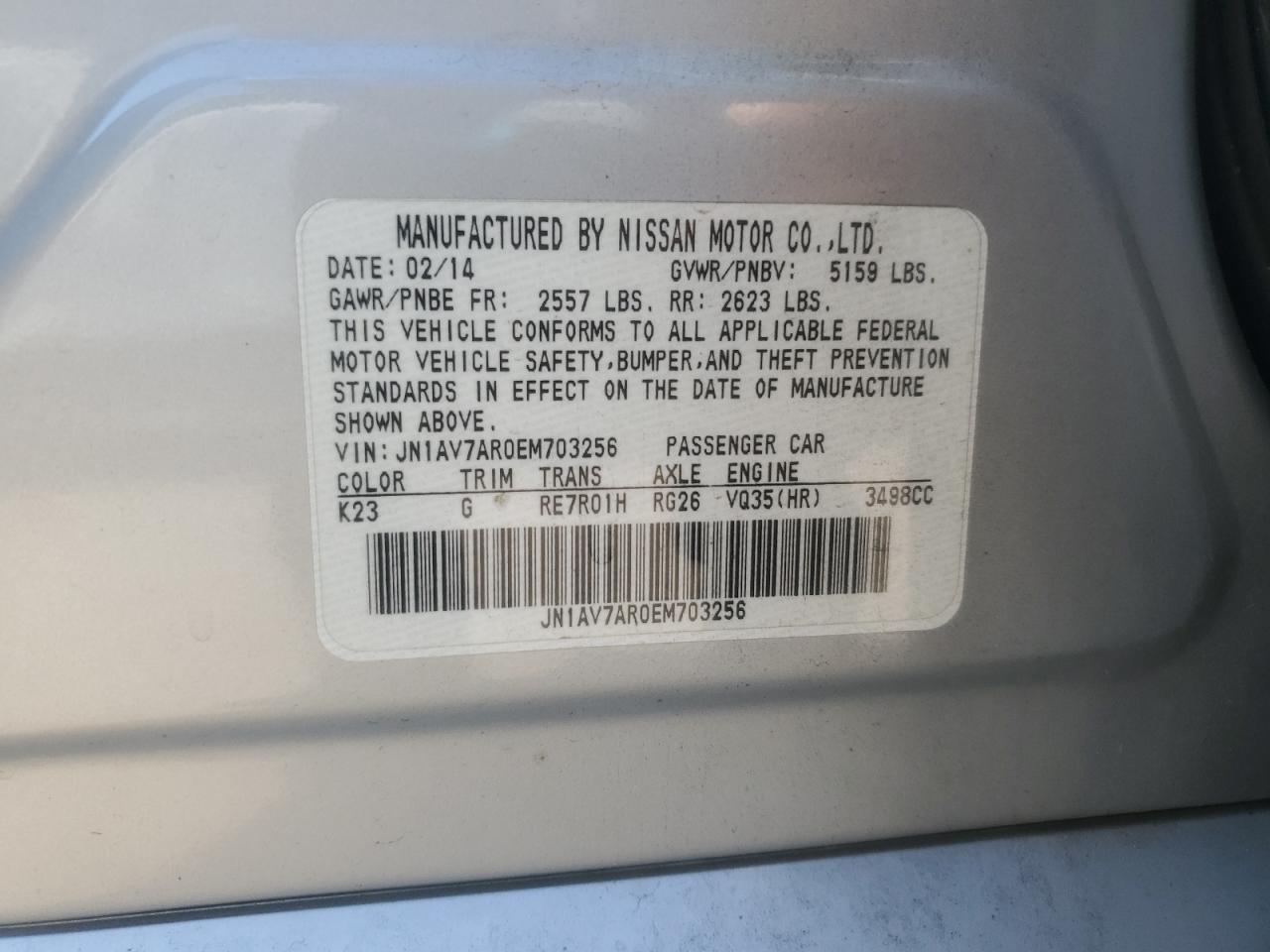 2014 Infiniti Q50 Hybrid Premium VIN: JN1AV7AR0EM703256 Lot: 85080895