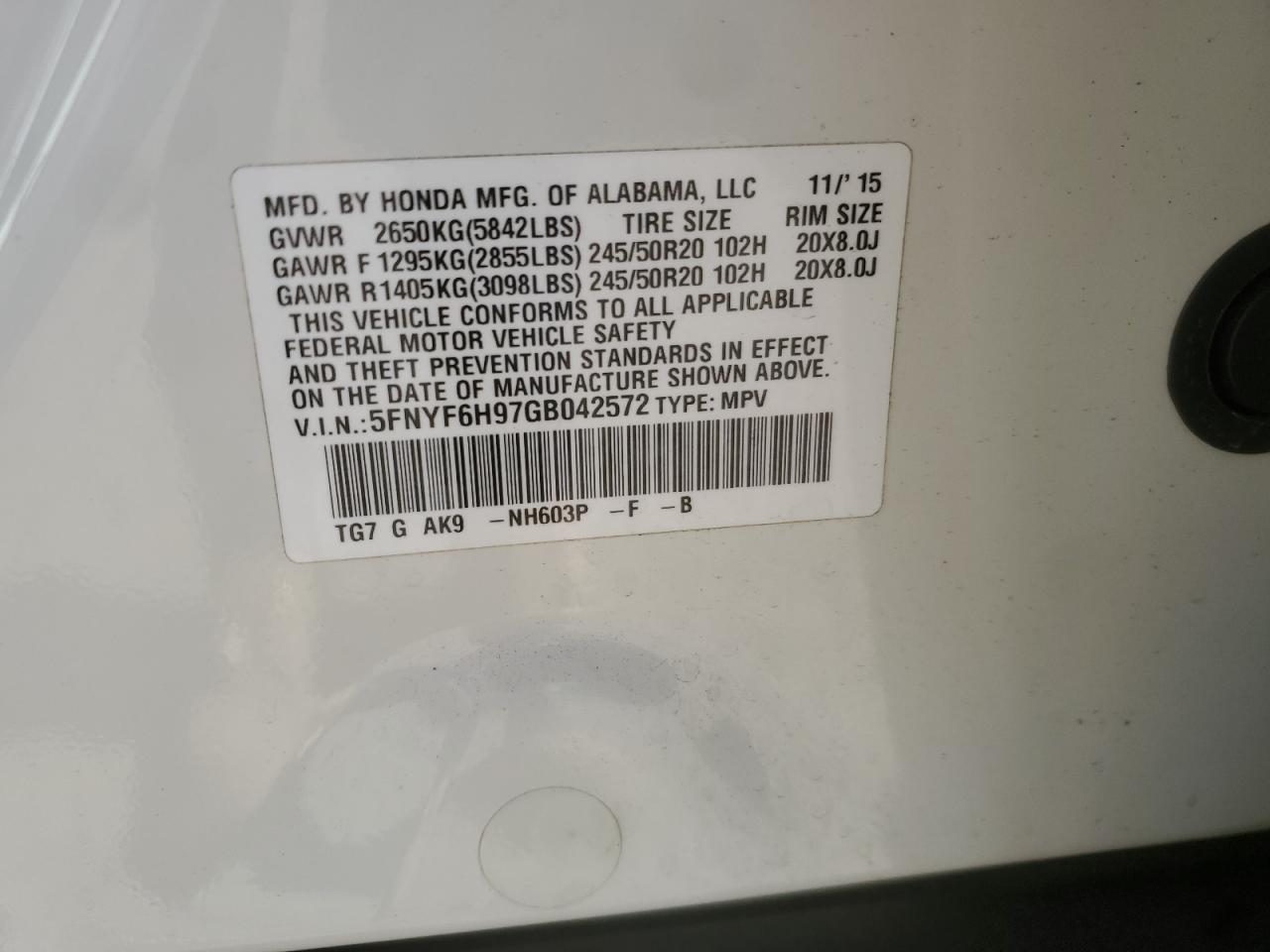 2016 Honda Pilot Touring VIN: 5FNYF6H97GB042572 Lot: 85757245