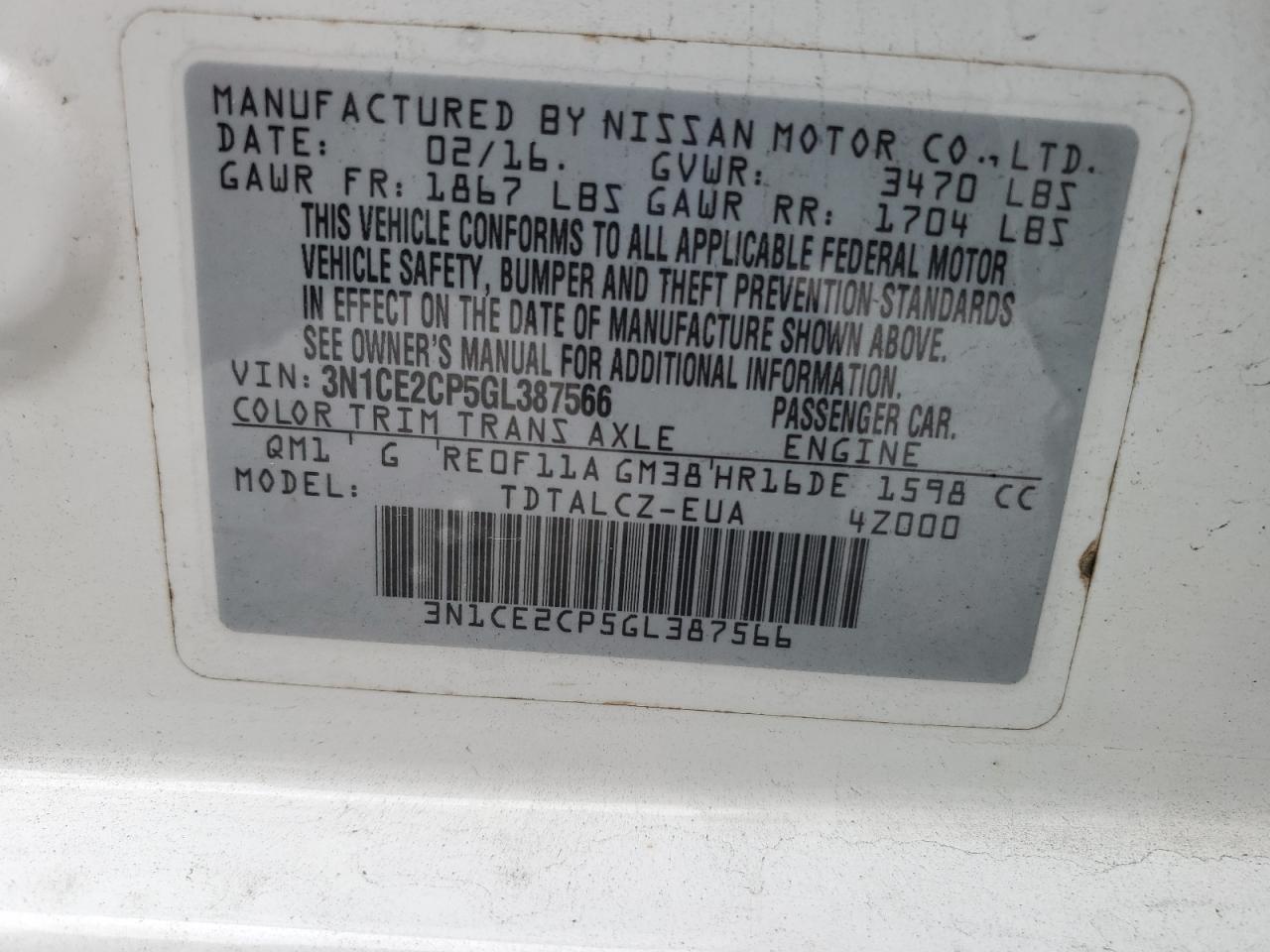 2016 Nissan Versa Note S VIN: 3N1CE2CP5GL387566 Lot: 85370435