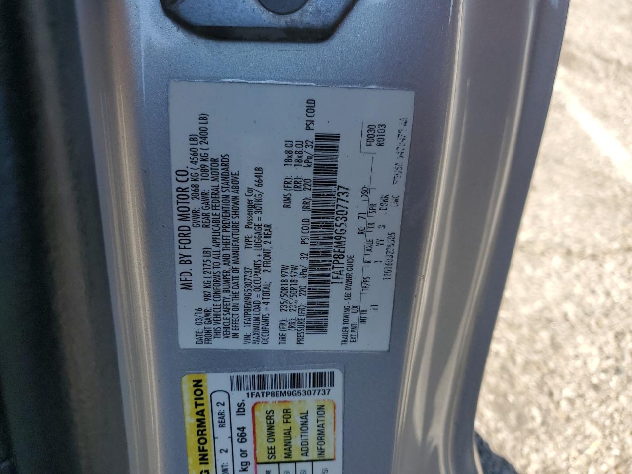 2016 Ford Mustang VIN: 1FATP8EM9G5307737 Lot: 82334995