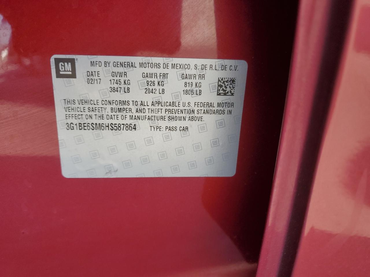 2017 Chevrolet Cruze Lt VIN: 3G1BE6SM6HS587864 Lot: 86997785