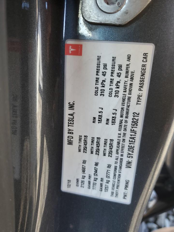 2018 Tesla Model 3 VIN: 5YJ3E1EA1JF158212 Lot: 85328945