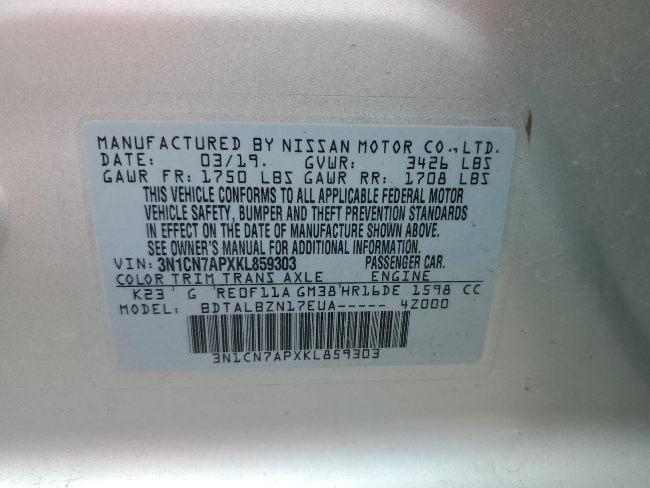 2019 Nissan Versa S VIN: 3N1CN7APXKL859303 Lot: 82179735