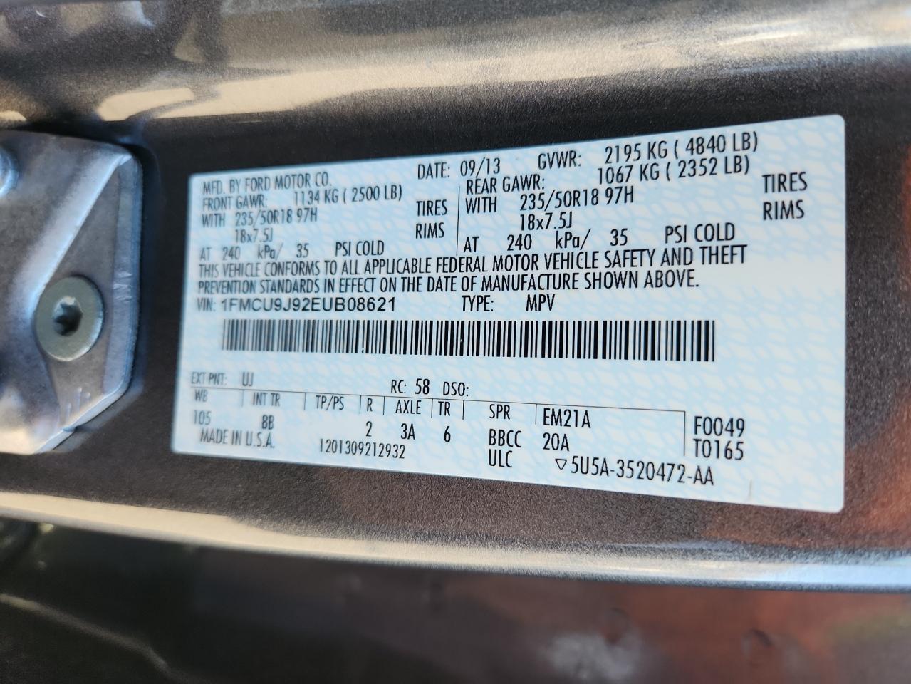 2014 Ford Escape Titanium VIN: 1FMCU9J92EUB08621 Lot: 87383955