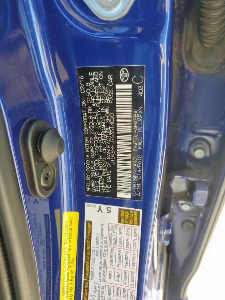 2016 Toyota Prius VIN: JTDKBRFU7G3514020 Lot: 90707315