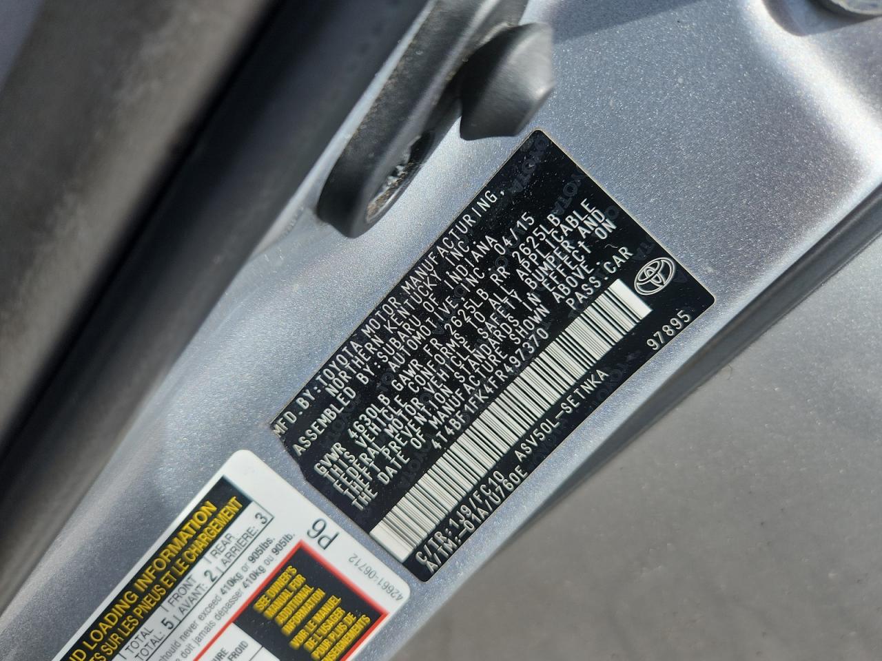 2015 Toyota Camry Le VIN: 4T4BF1FK4FR497370 Lot: 84904275