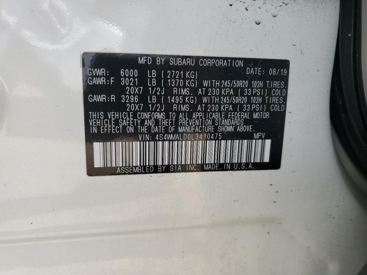 2020 Subaru Ascent Limited VIN: 4S4WMALD0L3410475 Lot: 84753325