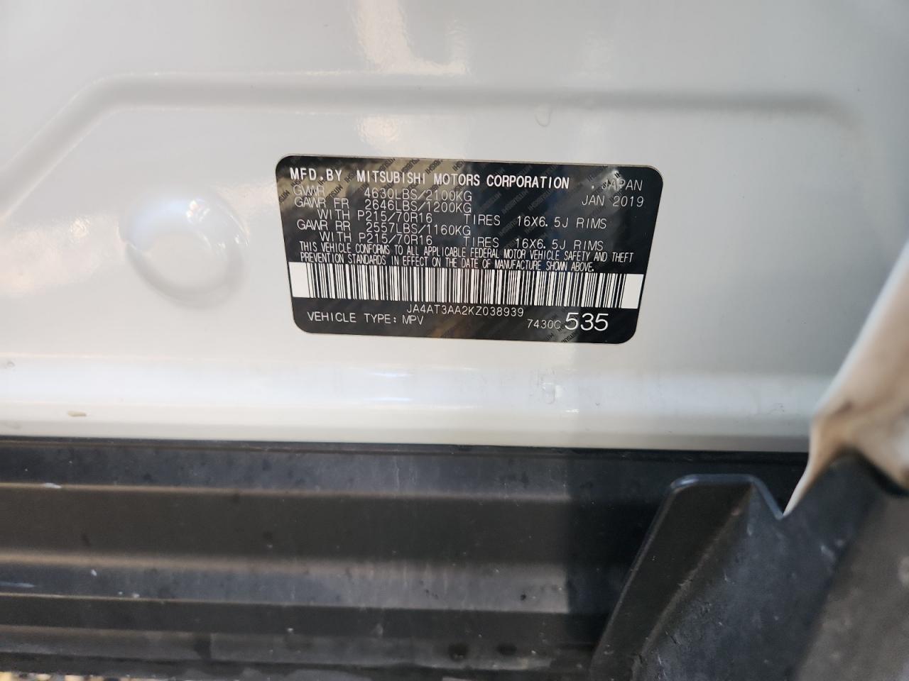 2019 Mitsubishi Eclipse Cross Es VIN: JA4AT3AA2KZ038939 Lot: 82432195