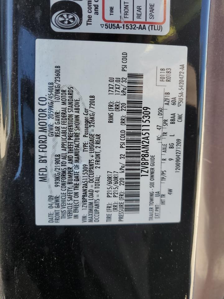 2010 Ford Mustang VIN: 1ZVBP8AN2A5115309 Lot: 86834515