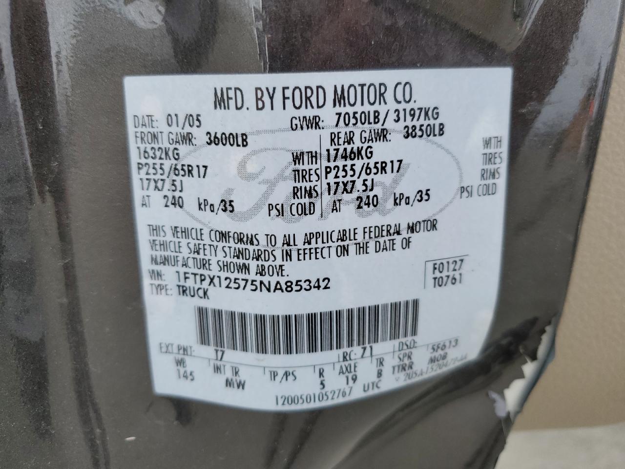 2005 Ford F150 VIN: 1FTPX12575NA85342 Lot: 82204225