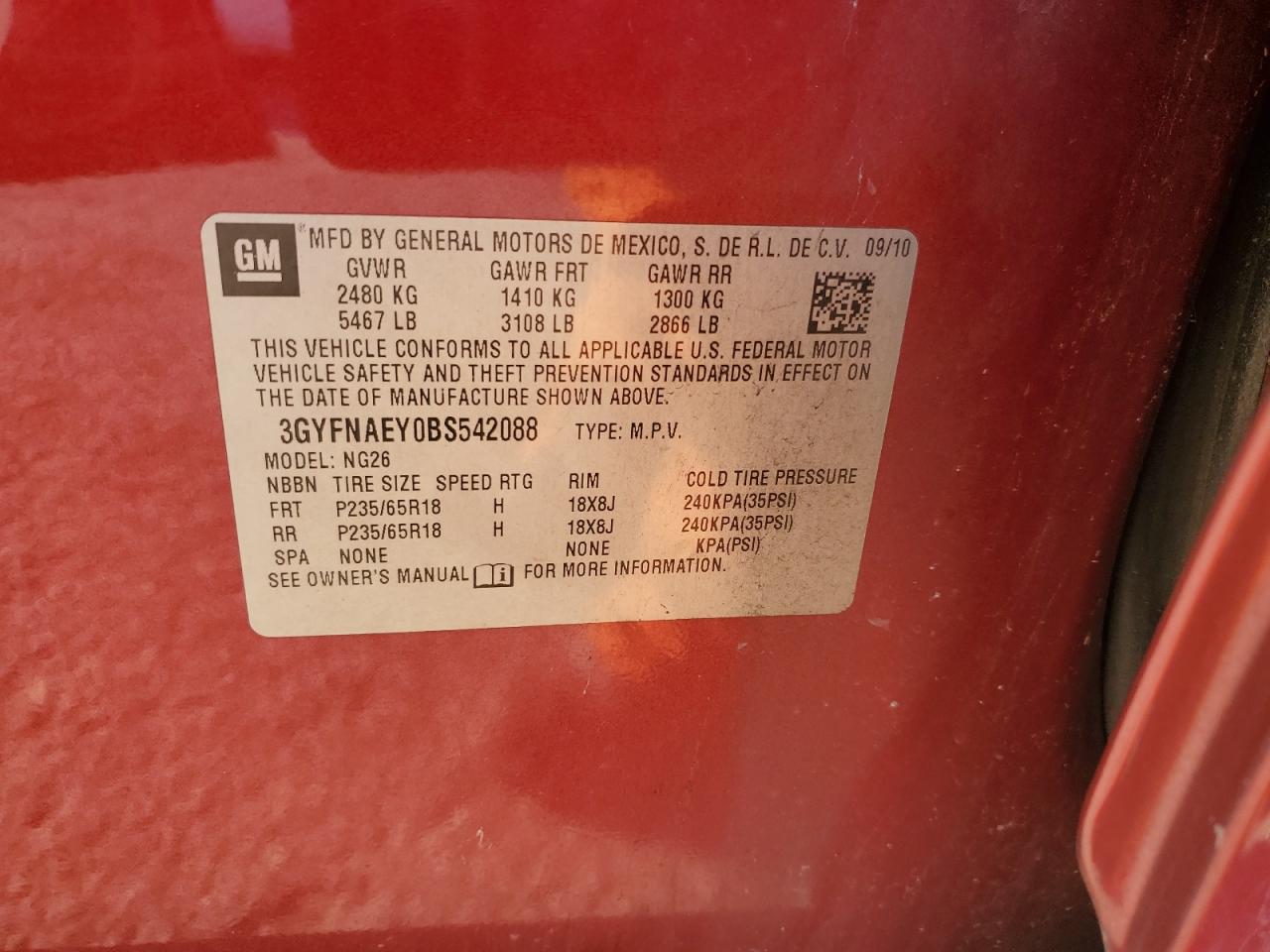 2011 Cadillac Srx Luxury Collection VIN: 3GYFNAEY0BS542088 Lot: 89895325