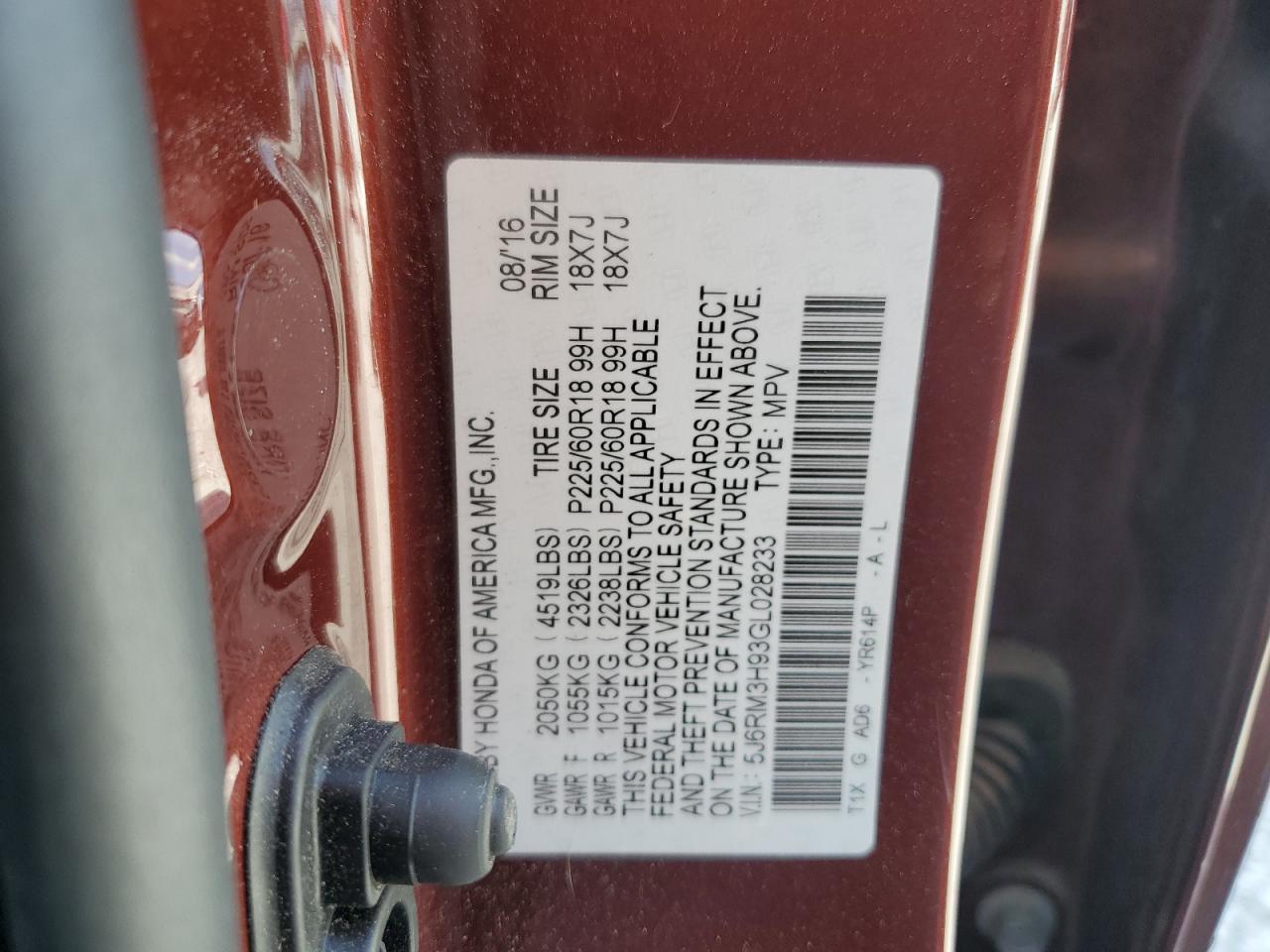 2016 Honda Cr-V Touring VIN: 5J6RM3H93GL028233 Lot: 84709025