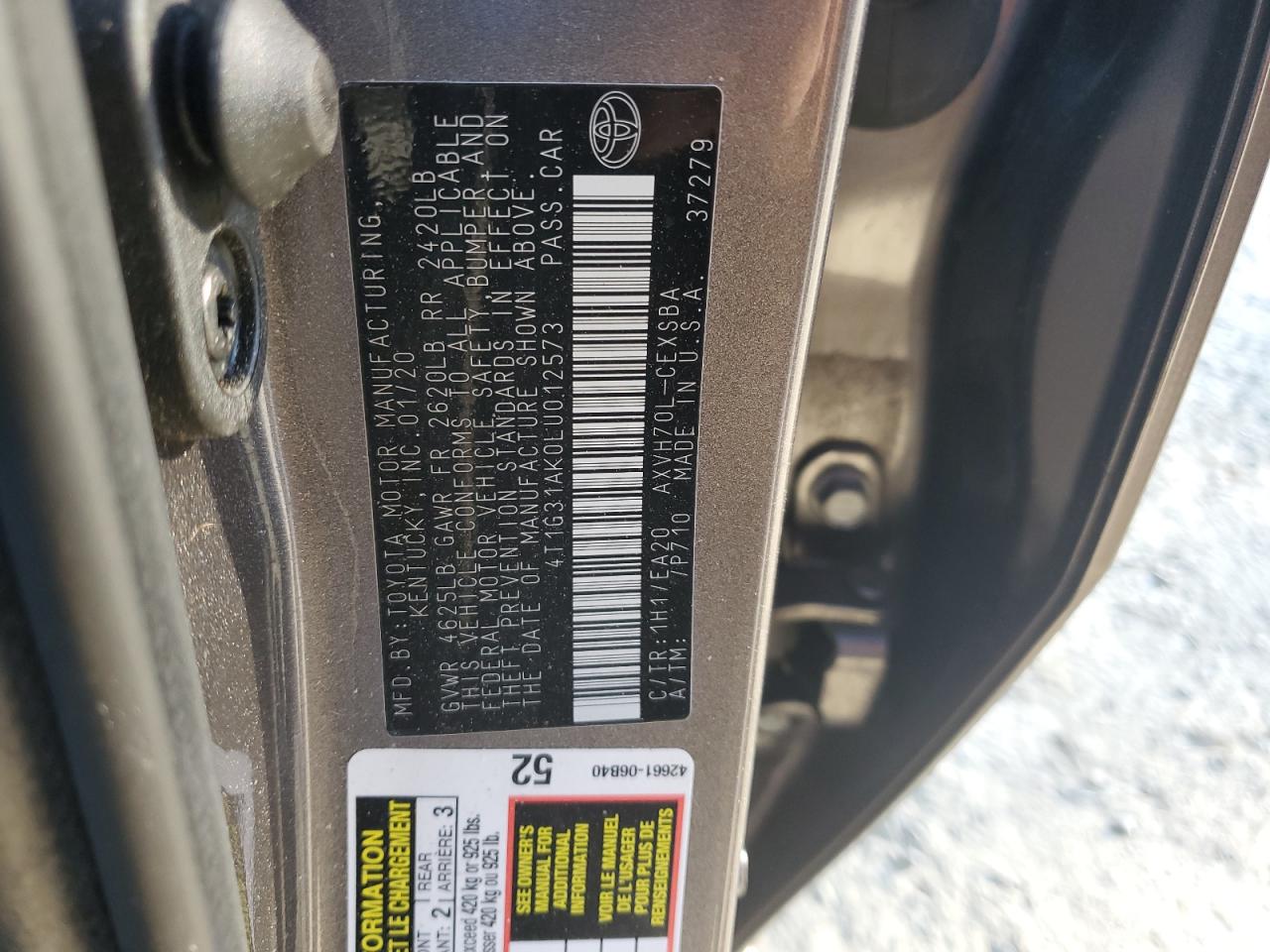 2020 Toyota Camry Se VIN: 4T1G31AK0LU012573 Lot: 85478245