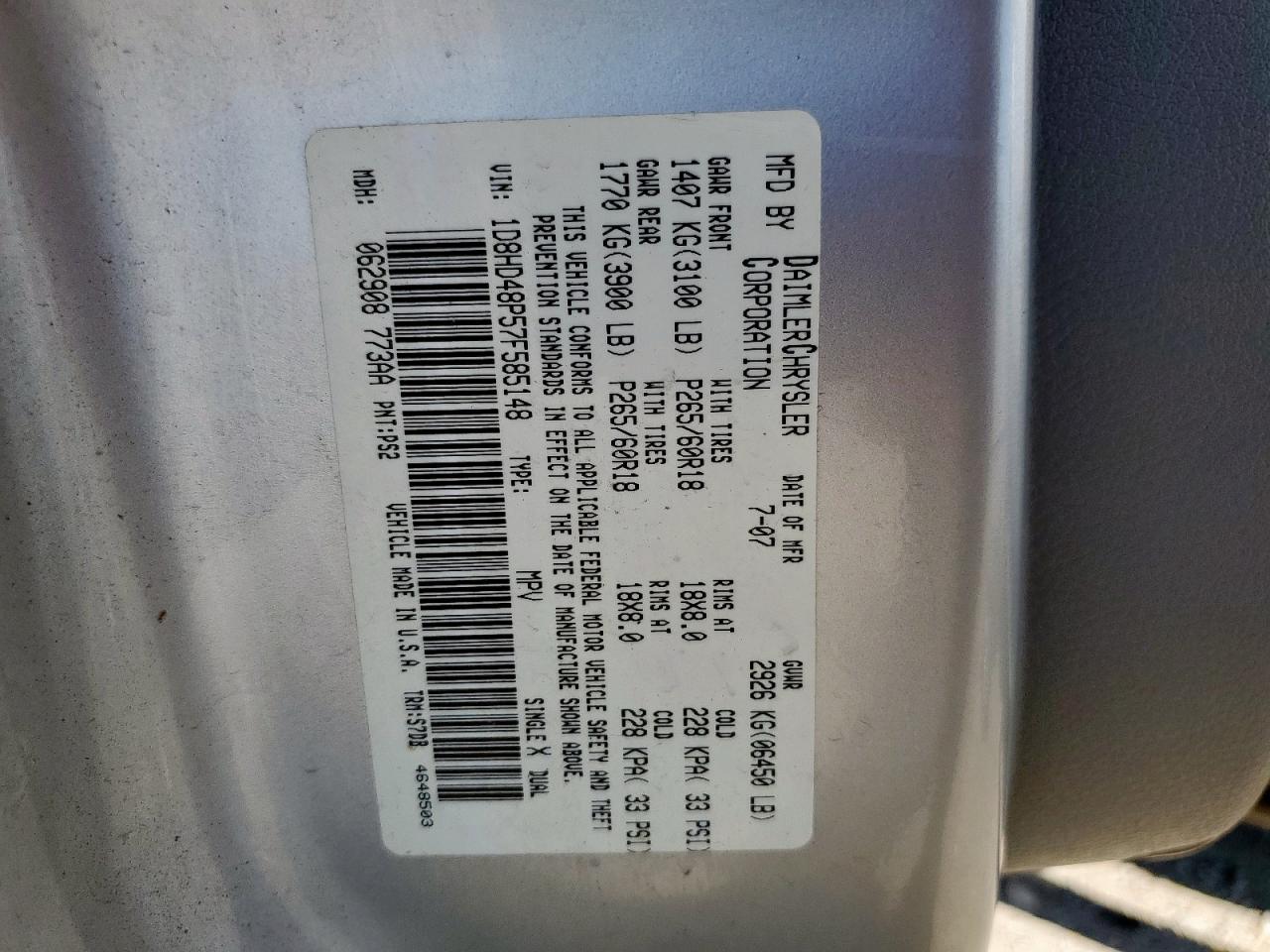 2007 Dodge Durango Slt VIN: 1D8HD48P57F585148 Lot: 82377855