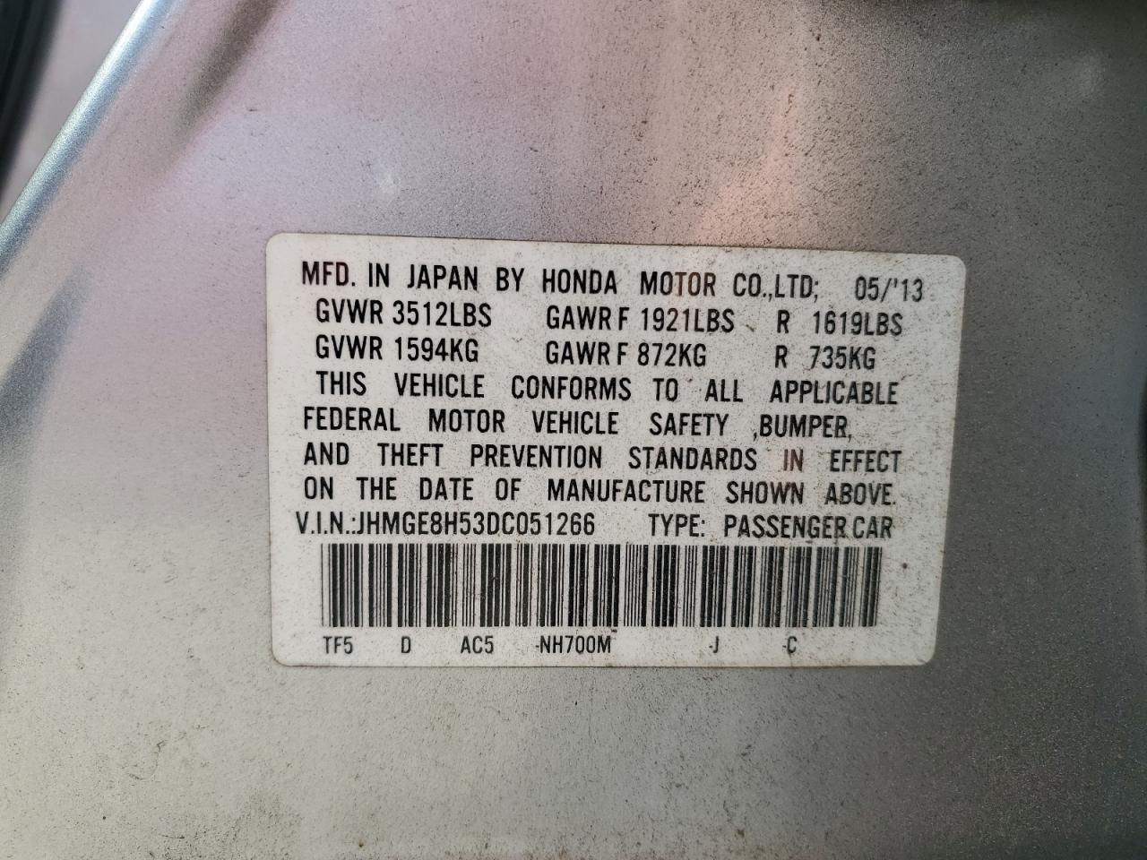 2013 Honda Fit Sport VIN: JHMGE8H53DC051266 Lot: 86685285