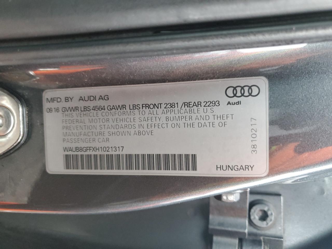 2017 Audi A3 Premium VIN: WAUB8GFFXH1021317 Lot: 80544965