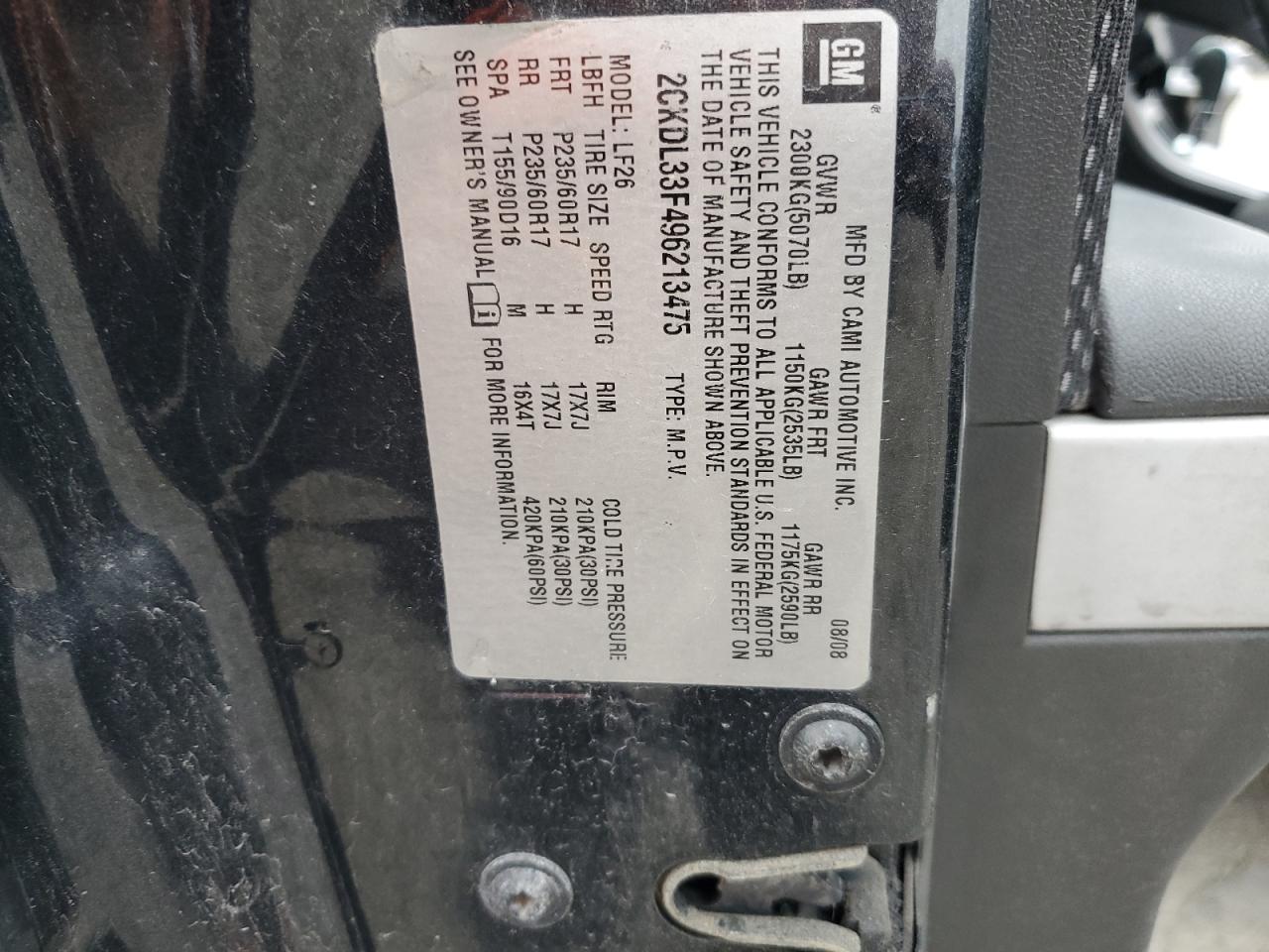 2009 Pontiac Torrent VIN: 2CKDL33F496213475 Lot: 90322845