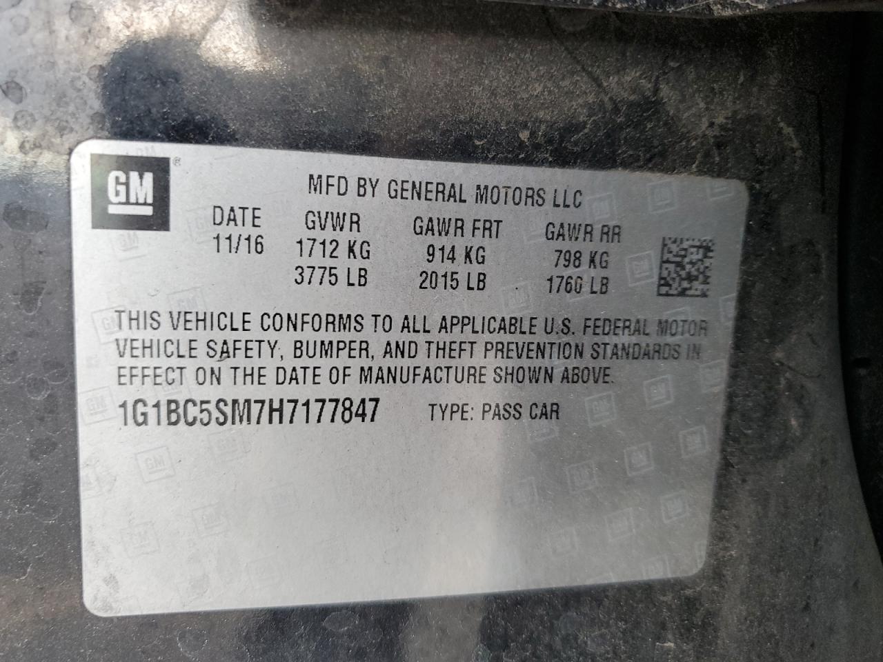 2017 Chevrolet Cruze Ls VIN: 1G1BC5SM7H7177847 Lot: 86139735