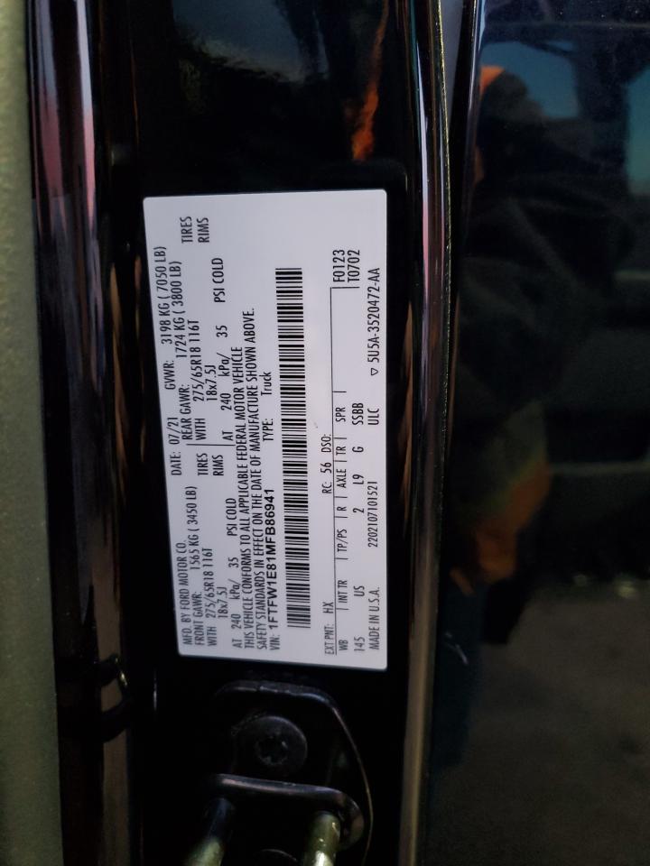 2021 Ford F150 Supercrew VIN: 1FTFW1E81MFB86941 Lot: 91032315