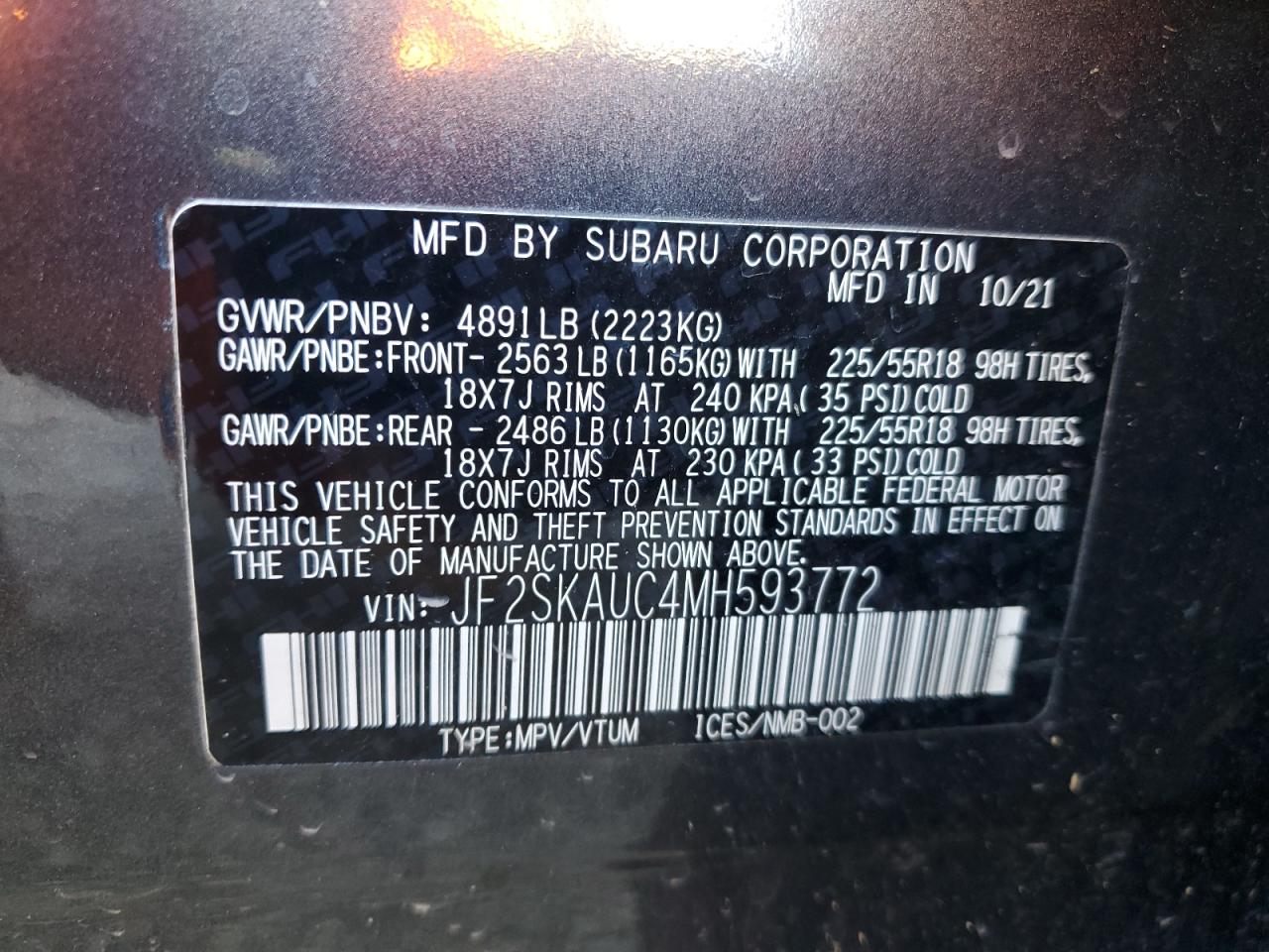 2021 Subaru Forester Limited VIN: JF2SKAUC4MH593772 Lot: 87306385