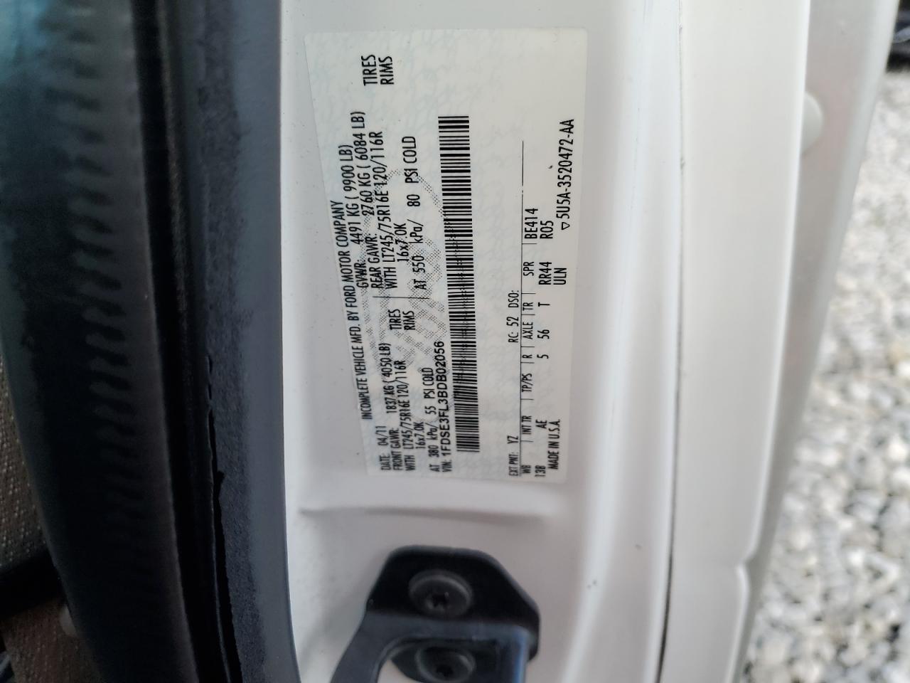 2011 Ford Econoline E350 Super Duty Cutaway Van VIN: 1FDSE3FL3BDB02056 Lot: 84881565